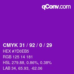 Color code: CMYK 31 / 92 / 0 / 29 | qconv.com