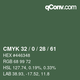 Farbcode: CMYK 32 / 0 / 28 / 61 | qconv.com
