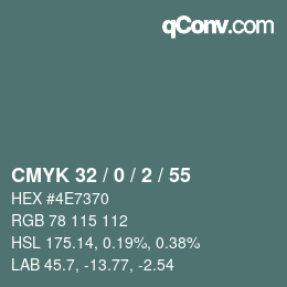 カラーコード: CMYK 32 / 0 / 2 / 55 | qconv.com