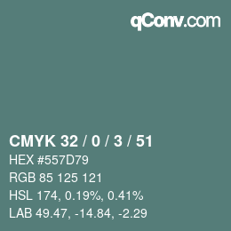 カラーコード: CMYK 32 / 0 / 3 / 51 | qconv.com