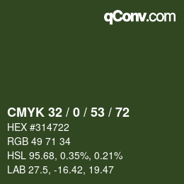 Color code: CMYK 32 / 0 / 53 / 72 | qconv.com