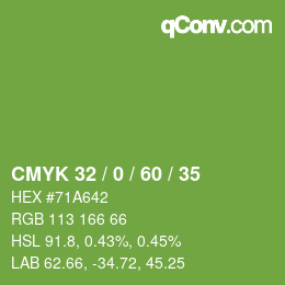 Color code: CMYK 32 / 0 / 60 / 35 | qconv.com