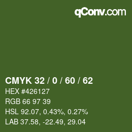 颜色代码: CMYK 32 / 0 / 60 / 62 | qconv.com