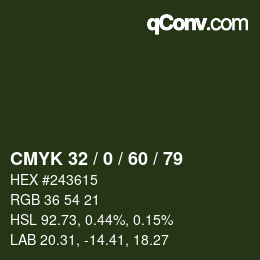 カラーコード: CMYK 32 / 0 / 60 / 79 | qconv.com