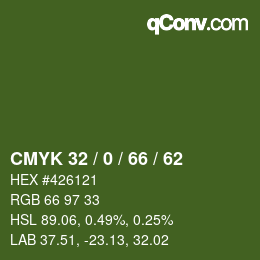 カラーコード: CMYK 32 / 0 / 66 / 62 | qconv.com