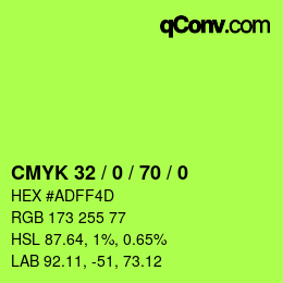 カラーコード: CMYK 32 / 0 / 70 / 0 | qconv.com