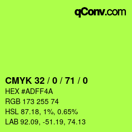 カラーコード: CMYK 32 / 0 / 71 / 0 | qconv.com