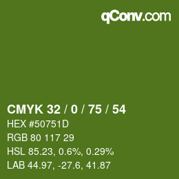 カラーコード: CMYK 32 / 0 / 75 / 54 | qconv.com