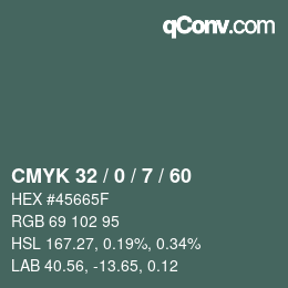 カラーコード: CMYK 32 / 0 / 7 / 60 | qconv.com
