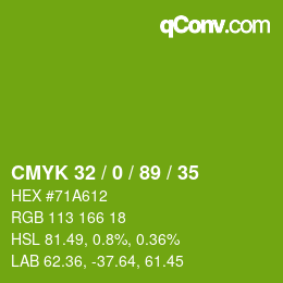 カラーコード: CMYK 32 / 0 / 89 / 35 | qconv.com