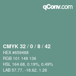 カラーコード: CMYK 32 / 0 / 8 / 42 | qconv.com