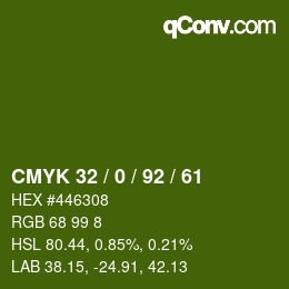 カラーコード: CMYK 32 / 0 / 92 / 61 | qconv.com