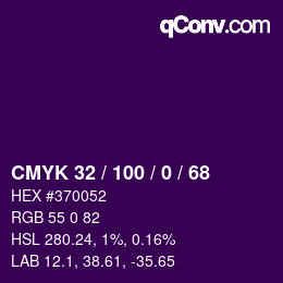 Color code: CMYK 32 / 100 / 0 / 68 | qconv.com