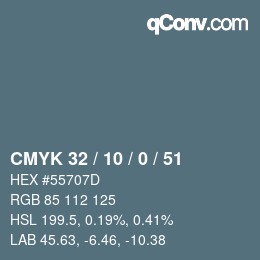 カラーコード: CMYK 32 / 10 / 0 / 51 | qconv.com