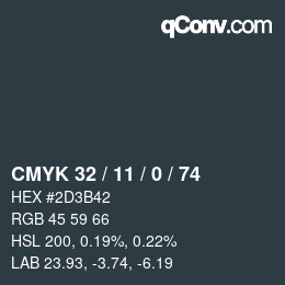 Code couleur: CMYK 32 / 11 / 0 / 74 | qconv.com