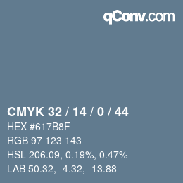 Farbcode: CMYK 32 / 14 / 0 / 44 | qconv.com