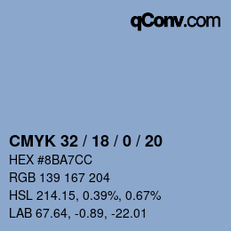 カラーコード: CMYK 32 / 18 / 0 / 20 | qconv.com