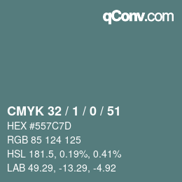 カラーコード: CMYK 32 / 1 / 0 / 51 | qconv.com