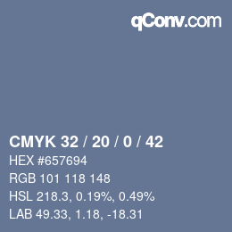 Code couleur: CMYK 32 / 20 / 0 / 42 | qconv.com