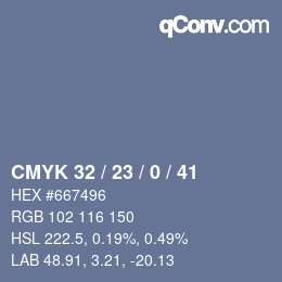 Color code: CMYK 32 / 23 / 0 / 41 | qconv.com