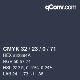 カラーコード: CMYK 32 / 23 / 0 / 71 | qconv.com