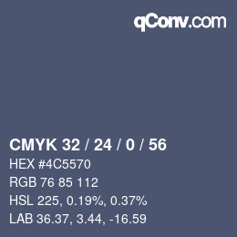 Farbcode: CMYK 32 / 24 / 0 / 56 | qconv.com