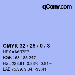 Farbcode: CMYK 32 / 26 / 0 / 3 | qconv.com