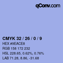 カラーコード: CMYK 32 / 26 / 0 / 9 | qconv.com