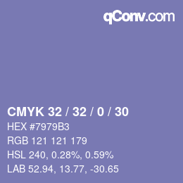 Color code: CMYK 32 / 32 / 0 / 30 | qconv.com
