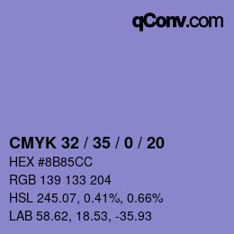 カラーコード: CMYK 32 / 35 / 0 / 20 | qconv.com