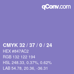 カラーコード: CMYK 32 / 37 / 0 / 24 | qconv.com