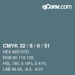 カラーコード: CMYK 32 / 8 / 0 / 51 | qconv.com