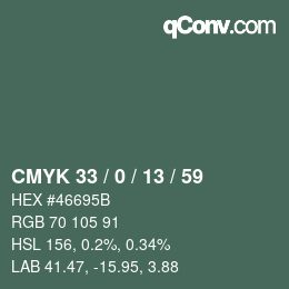 Farbcode: CMYK 33 / 0 / 13 / 59 | qconv.com