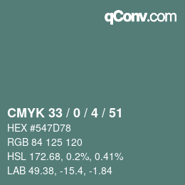 颜色代码: CMYK 33 / 0 / 4 / 51 | qconv.com