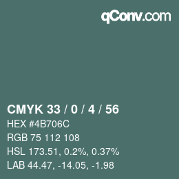 Color code: CMYK 33 / 0 / 4 / 56 | qconv.com