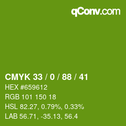 Code couleur: CMYK 33 / 0 / 88 / 41 | qconv.com