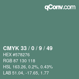 Farbcode: CMYK 33 / 0 / 9 / 49 | qconv.com