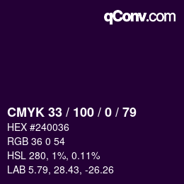 Color code: CMYK 33 / 100 / 0 / 79 | qconv.com