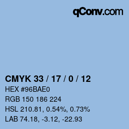 カラーコード: CMYK 33 / 17 / 0 / 12 | qconv.com