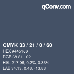 Farbcode: CMYK 33 / 21 / 0 / 60 | qconv.com