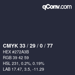 Color code: CMYK 33 / 29 / 0 / 77 | qconv.com
