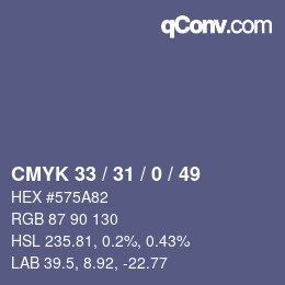 Farbcode: CMYK 33 / 31 / 0 / 49 | qconv.com