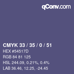 Farbcode: CMYK 33 / 35 / 0 / 51 | qconv.com