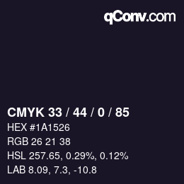 Code couleur: CMYK 33 / 44 / 0 / 85 | qconv.com