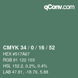 Color code: CMYK 34 / 0 / 16 / 52 | qconv.com