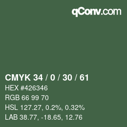 Color code: CMYK 34 / 0 / 30 / 61 | qconv.com