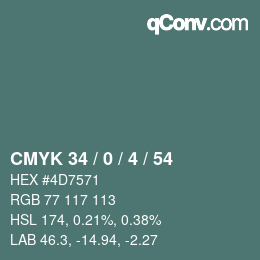 Color code: CMYK 34 / 0 / 4 / 54 | qconv.com