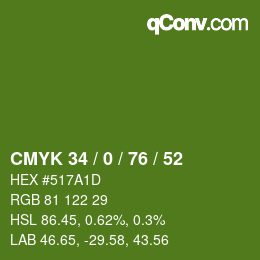 Color code: CMYK 34 / 0 / 76 / 52 | qconv.com