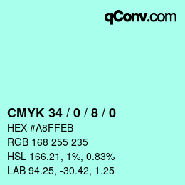 カラーコード: CMYK 34 / 0 / 8 / 0 | qconv.com