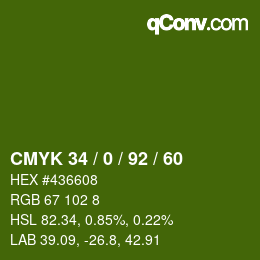 カラーコード: CMYK 34 / 0 / 92 / 60 | qconv.com